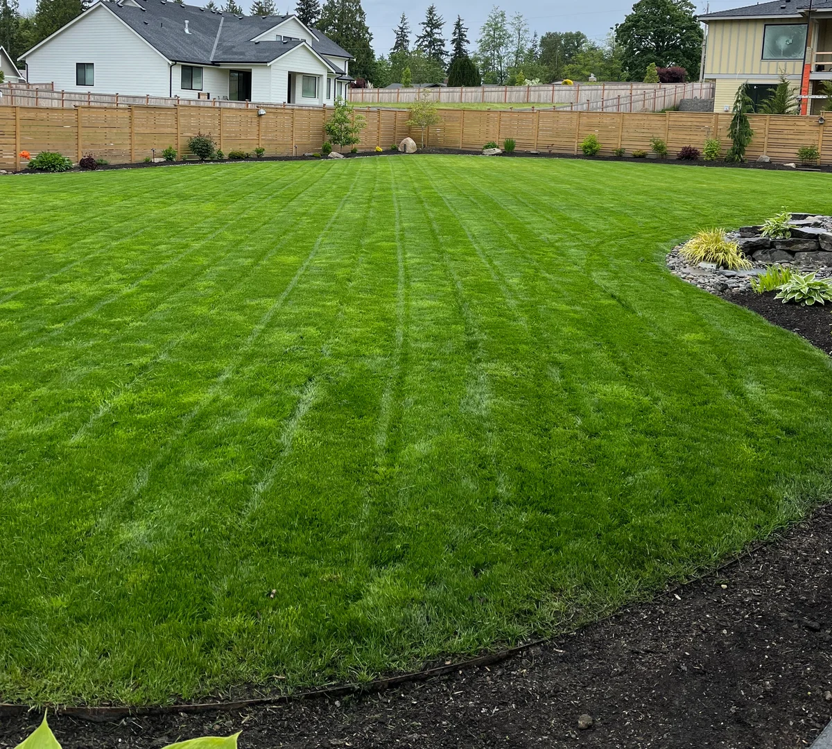Large manicured lawn with striped mowing pattern and horizontal slat cedar fencing
